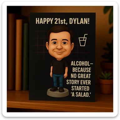Add a birthday message: 'Happy 21st, Dylan! Wishing you a legendary year ahead.' Keep Dylan as a bobblehead character, minimal neon grid background, one drink icon, bold chrome text for the quote, and maintain the clean, balanced layout in the bobblehead style sticker