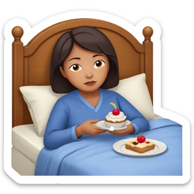 A middle-aged Asian woman lying in bed, unable to sleep thinking of dessert sticker