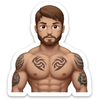 tattoo man, fair white skintone,brown hair, tattoos on face, more visible, bulky man with tattos on his chest, heavy tattoos. sticker