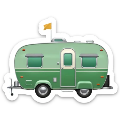 1950s travel trailer, two tires, colored all green, the same green shade as movie trailer green preview card, light grey tires and grey hitch sticker