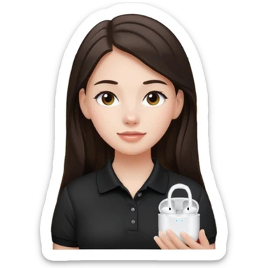 Girl with long dark brown hair with airpods wearing a black wegmans grocery store polo sticker