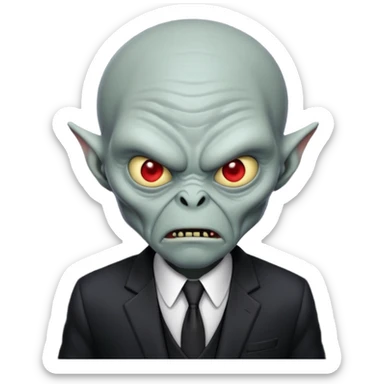 an old alien with black suit, grey skin, angry sticker