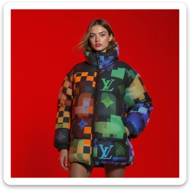 Medium shot, "Echo print effect" motion blur, Photo of a woman dress in abstract (black orange green and blue) grid puffer Louis Vuitton jacket, red solid background, express body, spot light with hard light sticker