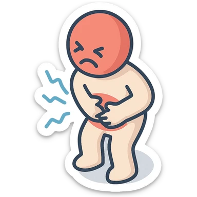 torso of a little person holding stomach, grimacing in pain, pain waves around, 2d isometric style, shadows and highlights, torso, stomach, and arms, transparent background sticker
