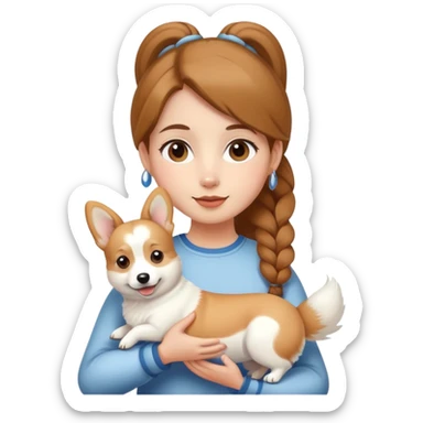 A girl with a brown ponytail holding a white corgi sticker