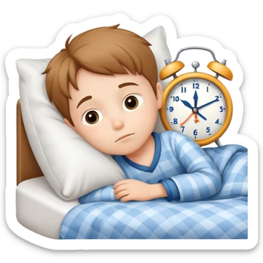 child tucked in bed with a clock showing bedtime, simple and cute sticker