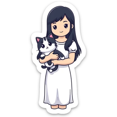 beautiful girl with long black hair wearing a white dress holding a cat in her arms sticker