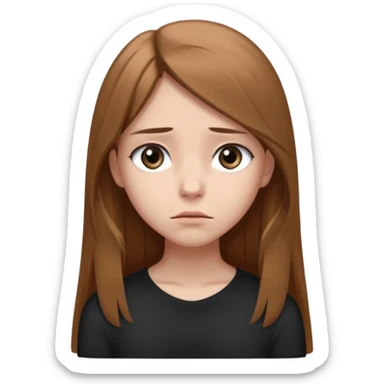 emoji of a girl with long, straight light brown hair, fair skin, soft grey eyes. Wearing a black. Standing slightly apart from a group of people, shoulders slightly hunched, arms loosely at her sides, head tilted down, eyes looking away. Nervous, unsure, miserable, and afraid.  sticker