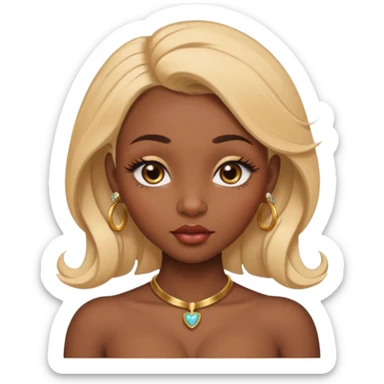 darkskin female with eyebrows that are naturally shaped and frame eyes well, eyes that are almond-shaped with defined lashes. nd lips are full with a defined cupid’s bow, add also a septum piercing that adds an edgy, stylish flair. a middle-part, honey blonde bust-down with laid baby hairs sticker