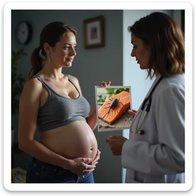 realistic pregnant woman in 4K consulting doctor or nutritionist with professional showing photo or diagram highlighting parasites in salmon flesh sticker