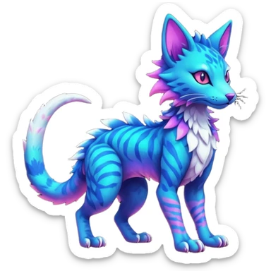Kawaii dark edgy colorful vibrant neon glowing fantasy feline-vernid-sergal-trico-fursona animal creature with a tufted tail full body with intricate markings  sticker