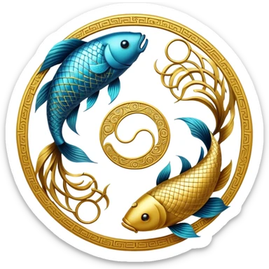 The zodiac symbol Pisces. Two fish in a “yin-yang” formation. One fish’s head is facing the other fish’s tail, and vice versa forming a hoop sticker