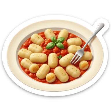 Gnocchi Cinematic Realistic Gnocchi Dish Emoji, depicted as tender oblong potato gnocchi garnished with iconic fork marks on top, rendered with soft textures and warm, inviting lighting. add tomato sauce sticker