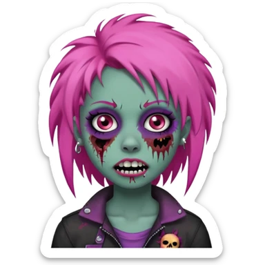 girl, zombie, pink coily hair, medium long, emo, shaggy, dark, spooky, piercing on eyebrow, colourful teeth, creepy blank expression sticker