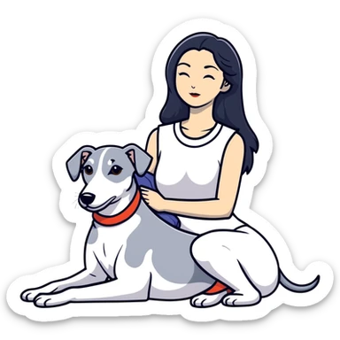 Very thin Chinese woman with long black hair relaxing in a luxurious hotel suite with exactly ONE whippet dog. EXTREME IMPORTANCE: the whippet must be ONE SOLID MEDIUM GREY COLOR (not too dark, not too light) from nose to tail with ABSOLUTELY NO WHITE MARKINGS anywhere - NO white on face, NO white on muzzle, NO white on chest, NO white on paws, NO white on tail - NOTHING BUT A SINGLE SHADE OF MEDIUM GREY throughout the entire animal sticker