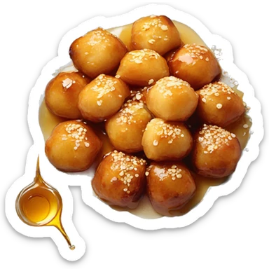 Greek loukoumades in a plate with honey drizzle and sesame seeds sticker