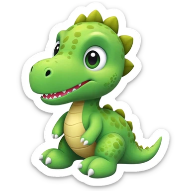 A green plush toy dinosaur with big eyes and a cute smile sticker