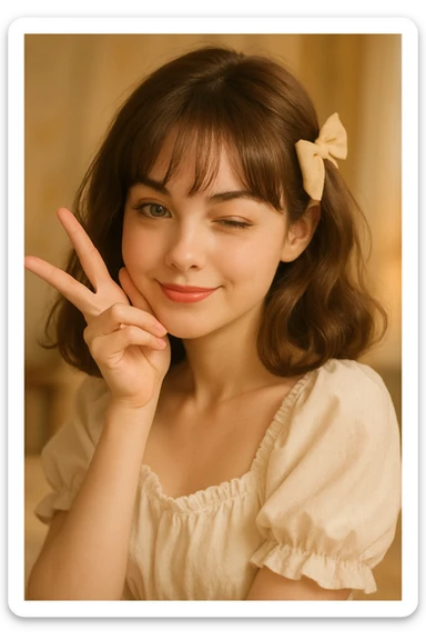 coquette girl with midi dark brown slightly wavy hair, bright skin, greenish hazel eyes, small cute lips, in a charming and playful pose sticker