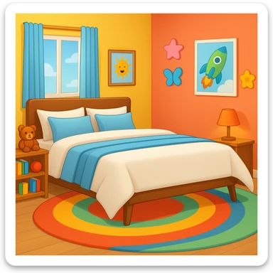 Add a colorful bedroom background with bright walls, playful decorations, and a cozy rug. Keep the room tidy and inviting in emoji style sticker