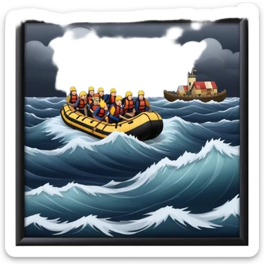 a raft full of people on a dramatic sea sticker
