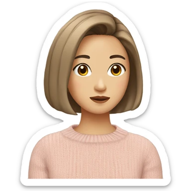 a young pretty asian woman, light brown short hair, light brown eyes, beige and pastel pink knit sweater, textured bob sticker