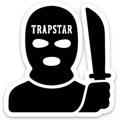 Black person with English appearance wearing a Trapstar balaclava, holding a black machete knife sticker