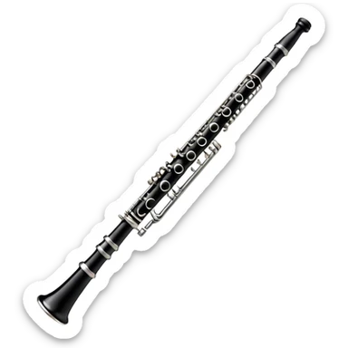 Create an emoji, representing a black standard clarinet. The design should feature a smooth, glossy black body of the clarinet with shiny, silver keys clearly visible. Highlight the intricate details of the mouthpiece and reed at the top, while the body of the instrument should remain simple and elegant. Add subtle musical notes or soundwaves floating around the instrument to symbolize its clear, melodic sound. Use black for the body, silver for the keys, and soft lighting effects to give the instrument a polished, sophisticated look. The background should be transparent. sticker