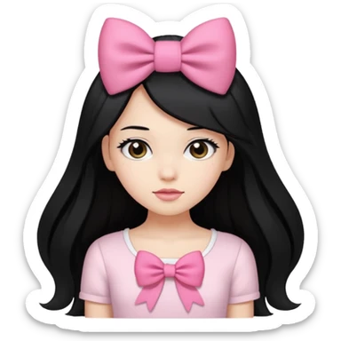 Girl with long black hair with pink bow only on the hair white top sticker
