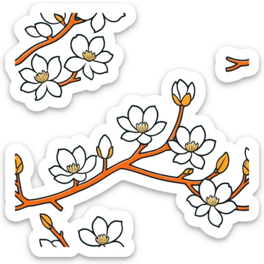 Artistic Japanese Magnolia kobus (kobushi) blossom with elegant composition reminiscent of kimono patterns, white star-shaped flowers on dark branch, gold accents, soft blue background sticker