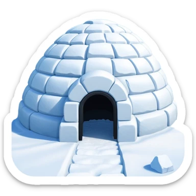 A traditional snow igloo on a vast snowy plain under a clear blue sky. Soft sunlight casts gentle shadows across the snow. The igloo has a small entrance tunnel and compacted snow blocks forming its dome. Realistic Arctic environment, crisp atmosphere, calm winter feeling. sticker