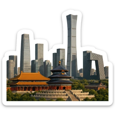 cinematic, realistic emoji of Beijing skyline featuring iconic landmarks such as the Forbidden City, Temple of Heaven, and modern skyscrapers, lifelike detail, accurate colors, bright lighting, wide city view, no sky, fully transparent background sticker