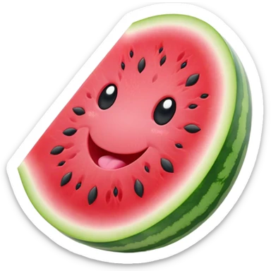 Cute Kawaii Watermelon Slice, juicy and vibrant, soft pastel green rind with pink flesh, tiny black seeds shaped like hearts, an adorable happy face with cute round eyes, bursting with summer energy! sticker