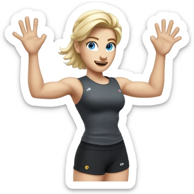 Close up Actively gesturing  with hands Pale skinned Fit woman With the biceps and blonde hair in dark gray Sleeveless Mike, black sports shorts, watch and white Sneakers and Blue Eyes  sticker