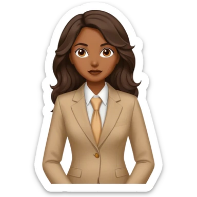 dark brown woman with medium brown long wavy hair with middle part and an executive tan suit  sticker