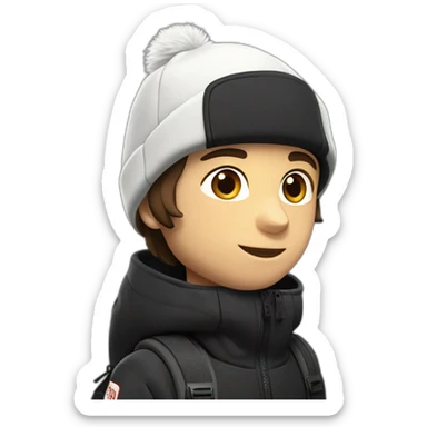 white boy,mi-long brown hair,winter cap black The North face,black jacket The North face,1 Backpack sticker