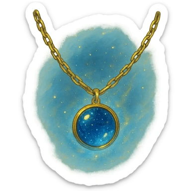 gold chain floating in midair with a deep blue starry stone, glowing faintly, shimmering like liquid gold, mystical aura sticker