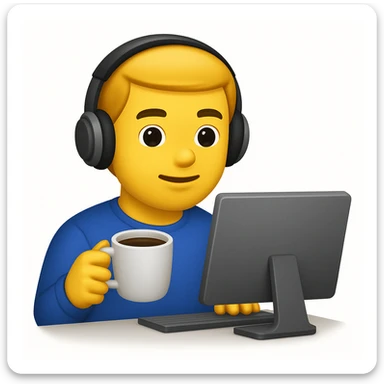 emoji ios 18, guy in headphones at computer, drinking coffee sticker