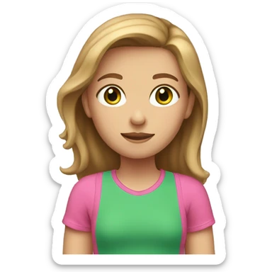 A girl with light brown hair, green eyes and a pink T-shirt sticker