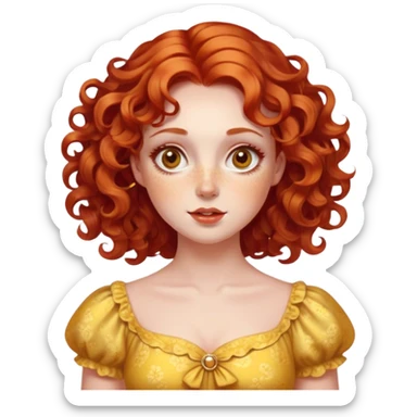 lady with Soft, round face, rosy cheeks, wide expressive eyes, wavy red hair, ringlets, Fair skin, freckles, Wears bright, often overly decorative dresses in shades of yellow or gold sticker