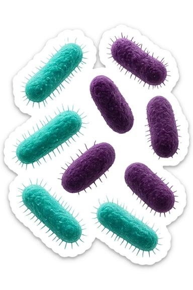 5 BATTERI BUONI E 5 BATTERI CATTIVI FLUTTUANO IN ARIA, I BATTERI BUONI FALLI TURCHESI, I BATTERI CATTIVI FALLI VIOLA, IPERREALISTICO 4K, NON DISEGNATO sticker