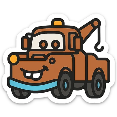 simplified icon of Mater from Cars, brown and blue, cute sticker
