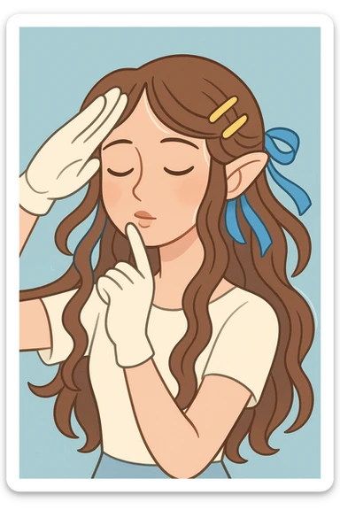 digital illustration of a young woman with long wavy brown hair adorned with golden hair clips and blue ribbons, soft pastel color palette, close-up, light blue textured background, eyes closed, head tilted slightly, gentle serene expression, subtle blush, white glove on right hand raised in military-style salute, multiple strands of hair, pointy ears, delicate ethereal glow, gentle touch to lips conveying intimacy and vulnerability sticker