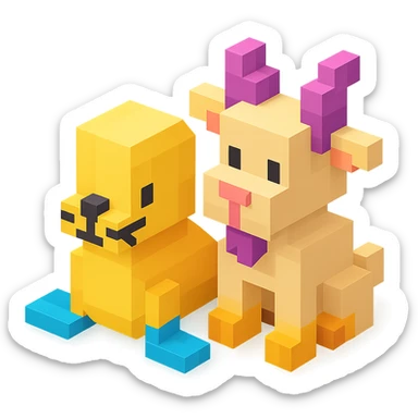 a seal and a goat sitting together, Roblox avatar style, 3D look sticker
