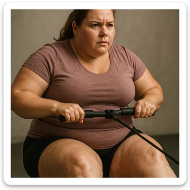 overweight woman training, stubborn fat on legs and thighs (gynoid), hyper realistic 4K style, anatomical details, motivational atmosphere, neutral background sticker