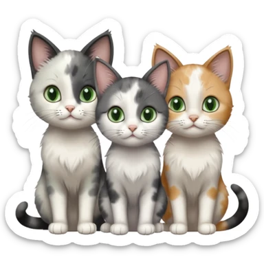 3 different coloured small cats including a dark grey and white, and a patchy calico and a completely solid dark grey with green eyes and only white paws sticker