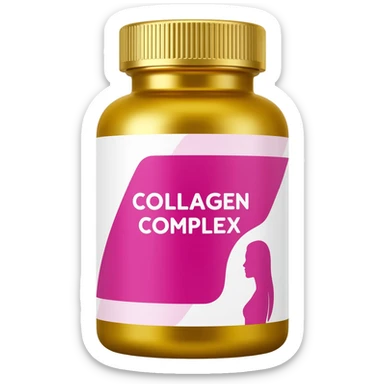 product of a golden plastic supplement bottle with a ribbed gold cap. The label features a white and pink geometric design with a bold magenta center panel. The text reads “COLLAGEN COMPLEX” in large white letters. A minimal silhouette of a woman’s profile appears on the right side of the label. sticker