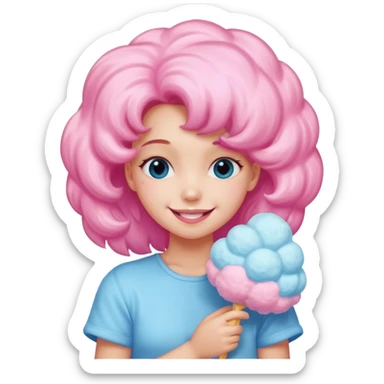 A girl hugging a big cotton candy puff with bright smile sticker