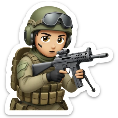 A skilled airsoft player in tactical gear, aiming a gun and shooting metal BBs in a desolate, ruined landscape. The setting is filled with broken walls and debris, creating a tense atmosphere of strategy and precision in a high-stakes tactical environment sticker