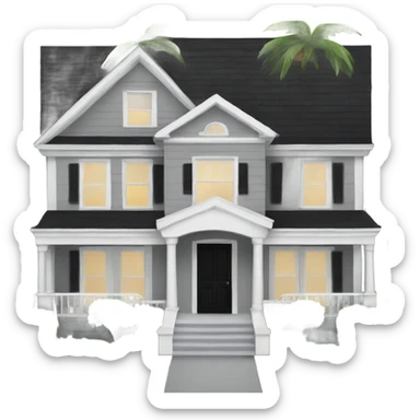 Grey 2 story house white trim black front door and palm trees sticker