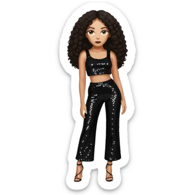 Solange with long dark brown hair, black sequin crop top, black sequin pants sticker